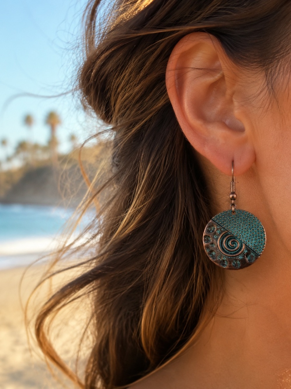 Turquoise Patina Copper Round Dangle Earrings Spiral Boho Western